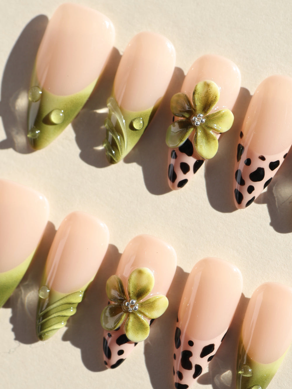 Nature Hunt press-on nails with nude, olive French tips, leopard print and 3D floral accents