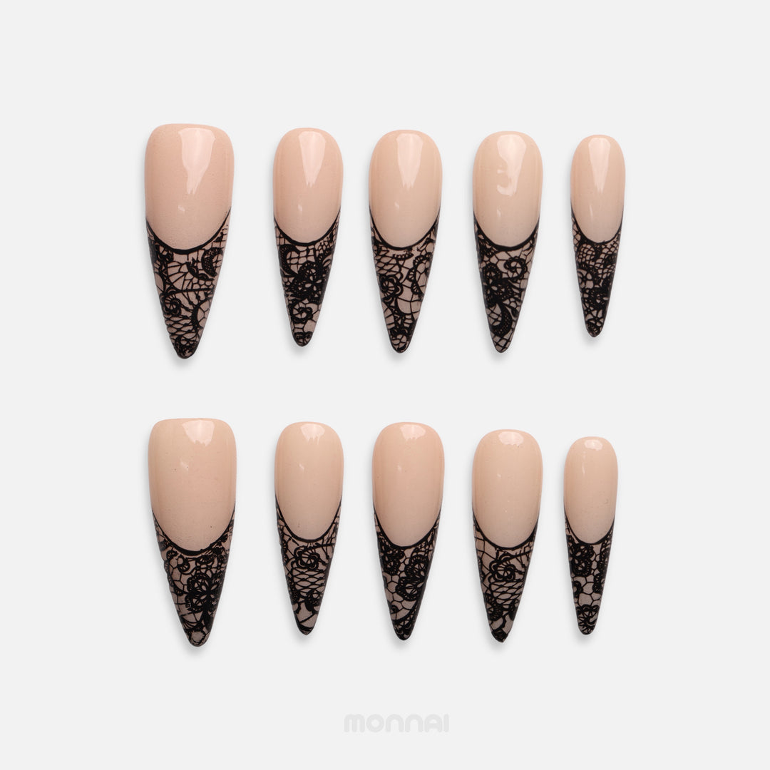 Noir Romance black lace press on nails with floral lace French tips