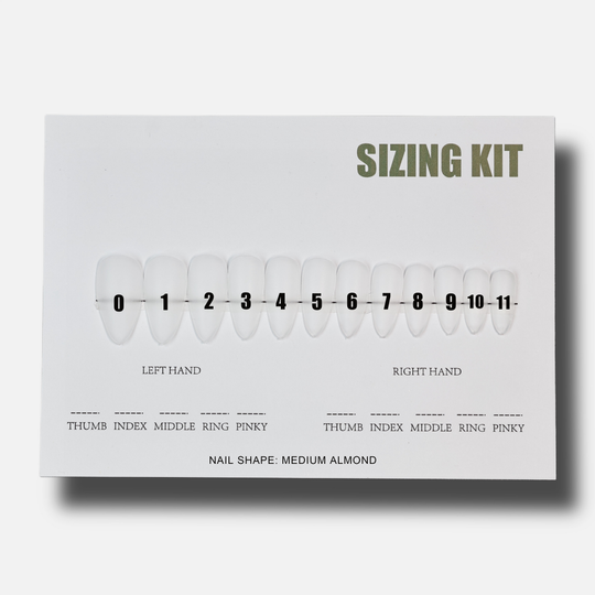 Press On Nails Sizing Kit medium almond chart with numbered nail samples 0-11 for left and right hand