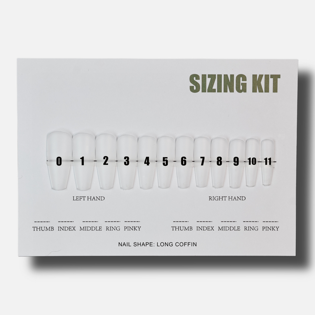 Press On Nails Sizing Kit long coffin shape chart with numbered nail samples for left and right hand