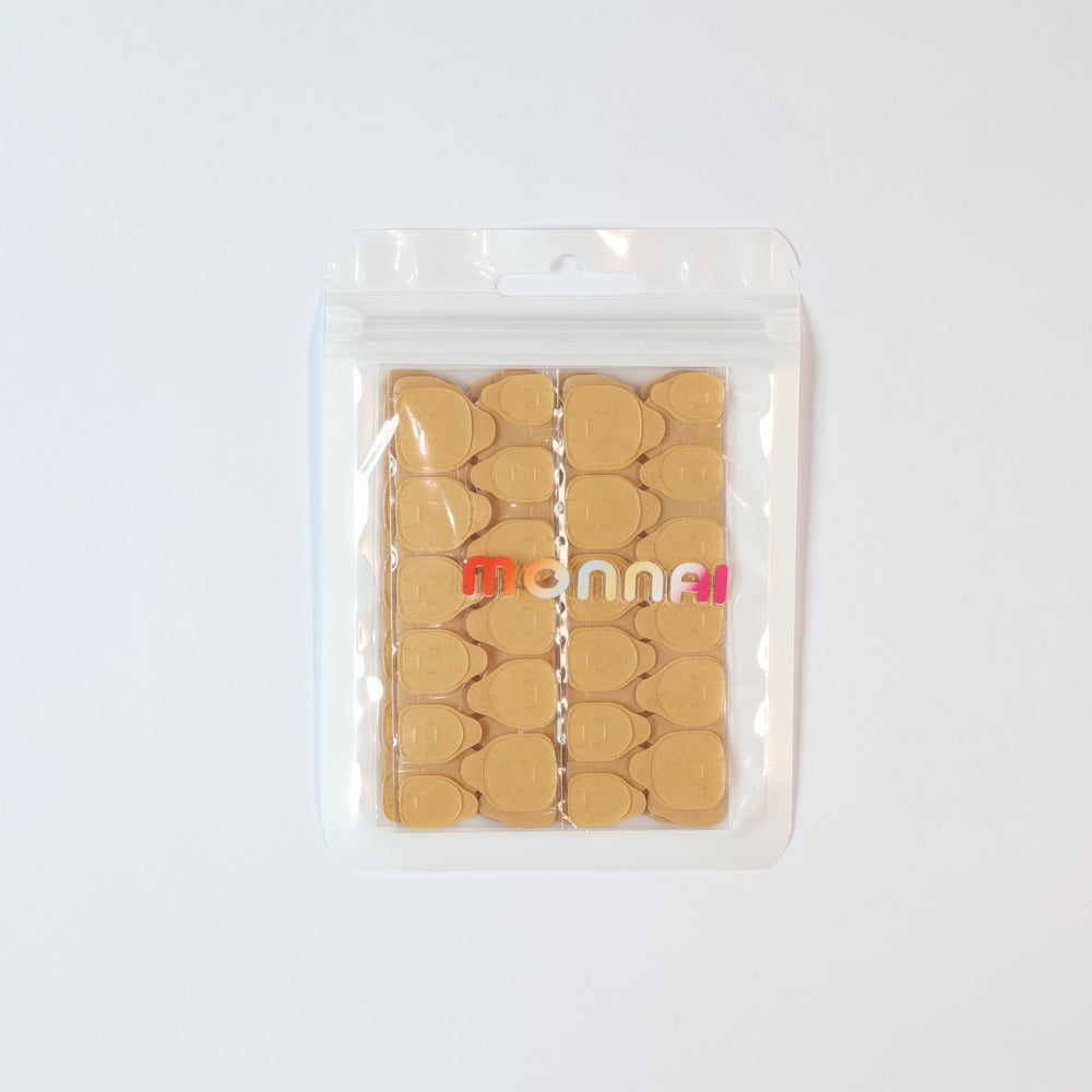 Regular Adhesive Tabs (10 Sheets/Box) press-on nails in a clear pouch, laid out in tan adhesive strips.