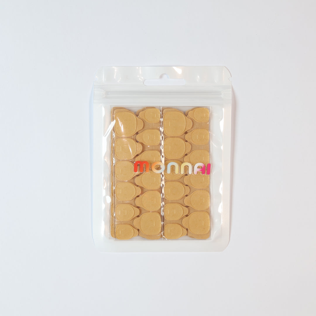 Regular Adhesive Tabs (10 Sheets/Box) press-on nails in a clear pouch, laid out in tan adhesive strips.