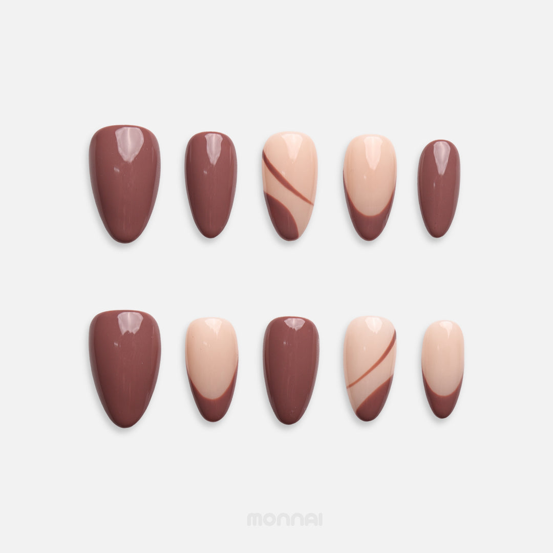 Rosewood french tip press on nails in mauve and nude with abstract lines