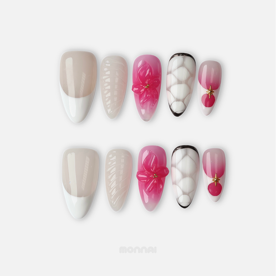 Sakura Kiss press-on nails set with soft nude, milky white French tips, glossy pink 3D flower, lattice detail, and tiny cherry accent