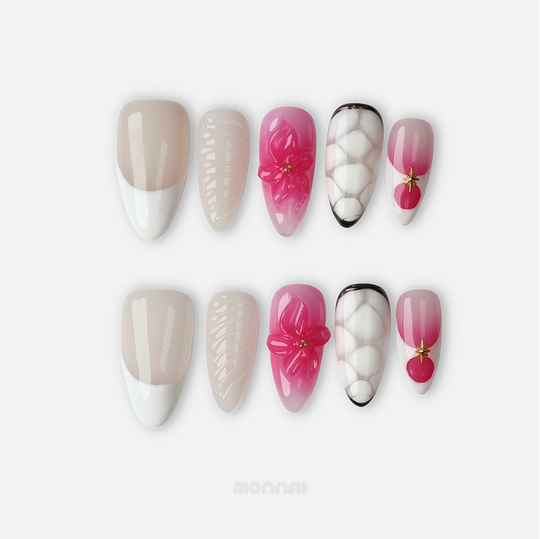 Sakura Kiss press-on nails set with soft nude, milky white French tips, glossy pink 3D flower, lattice detail, and tiny cherry accent