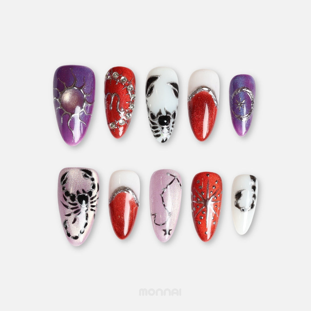  Scorpio press on nails from the Zodiac Collection, featuring red and purple tones, scorpion motifs, silver celestial details and constellation accents.
