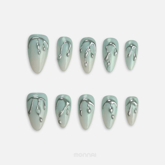 Silver Sage chrome press on nails with sage green ombre and 3D silver drips