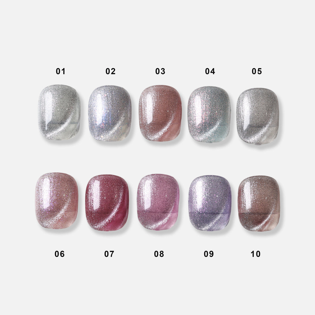 Soft Cat Eye custom press-on nails, shades 1-10 shown