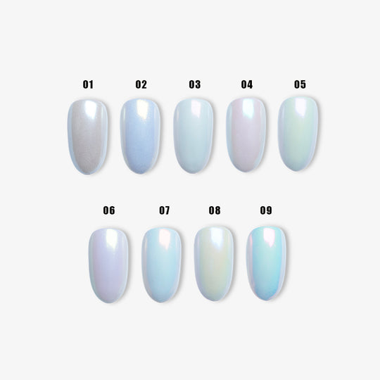 Soft Misty Glow • 9 Colors Available press-on nails swatches in soft iridescent pastel shades, laid out in close-up