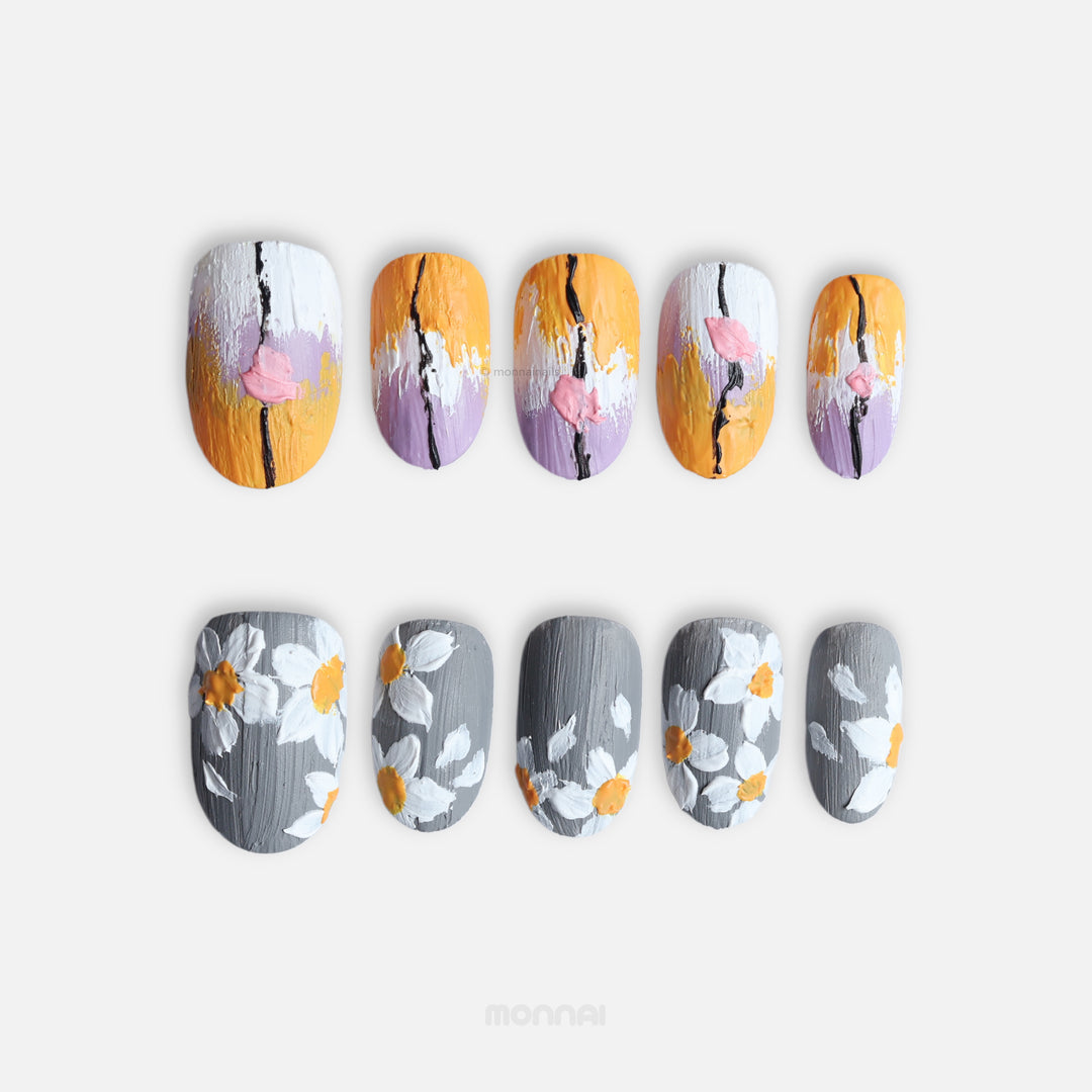 Spring on Canvas press-on nails with textured floral brushstrokes in grey, ochre, and lilac