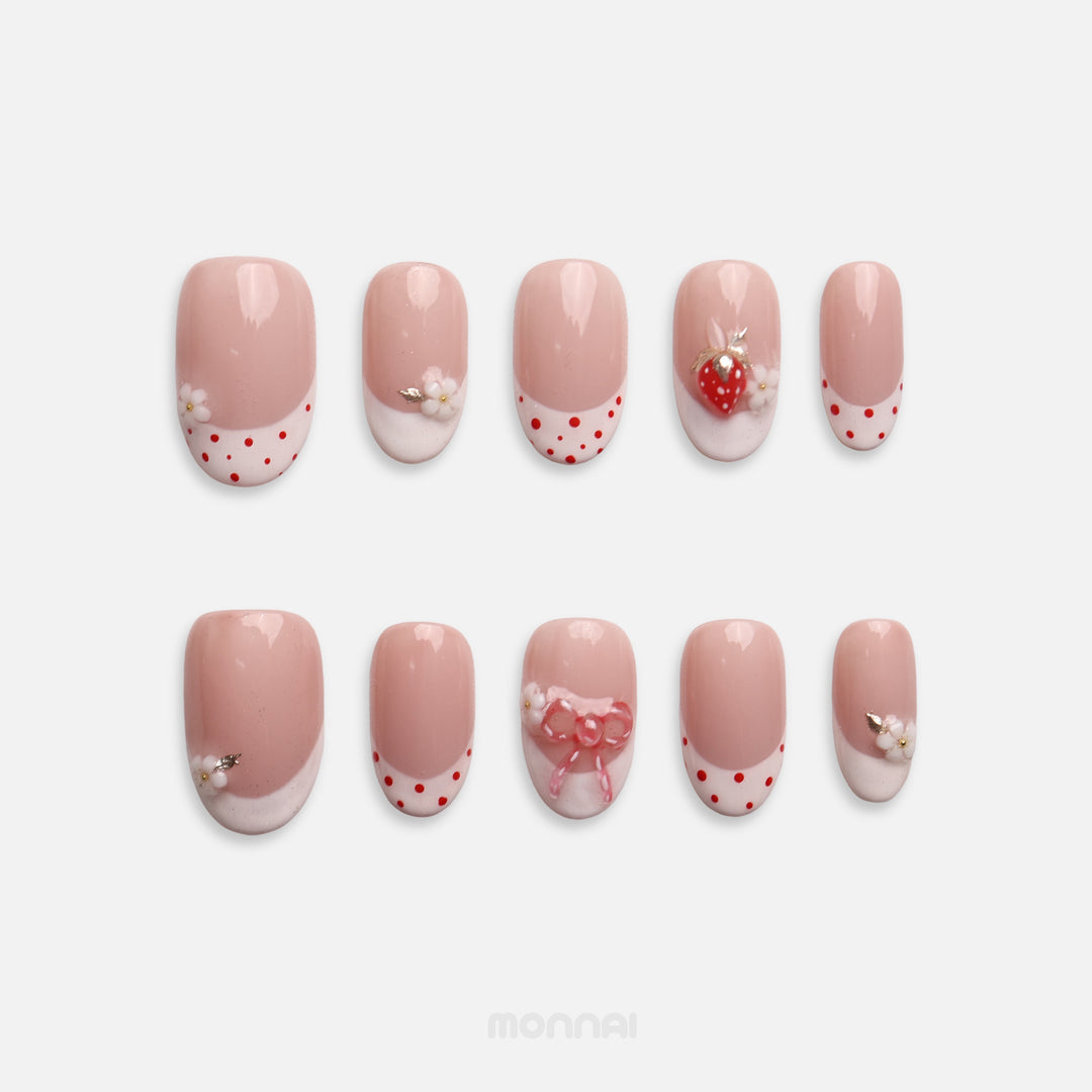 Strawberry Milk cute press on nails with red polka dots, 3D flowers, strawberry and bow