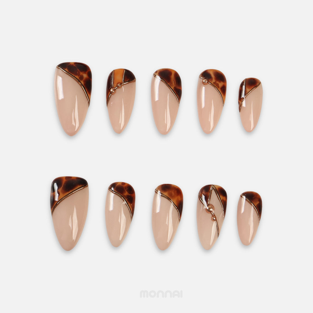 Toffee Shell fall press on nails with tortoise shell French tips and gold lines