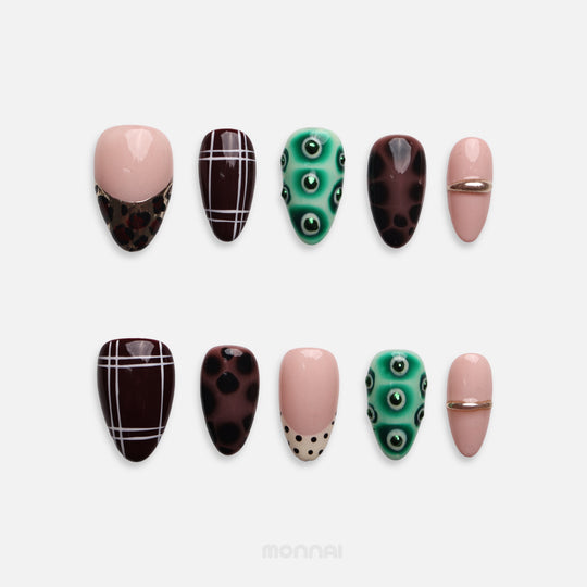 Wild Emerald green press on nails with plaid, tortoise shell and leopard designs