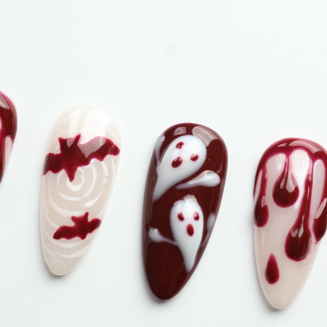 Boo &amp; Blood press on nails with ghost, bat and bloody drip Halloween designs