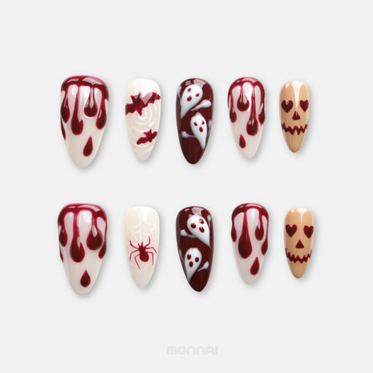 Boo &amp; Blood press on nails with spooky ghosts, blood drips, bats, spiderwebs and pumpkin faces