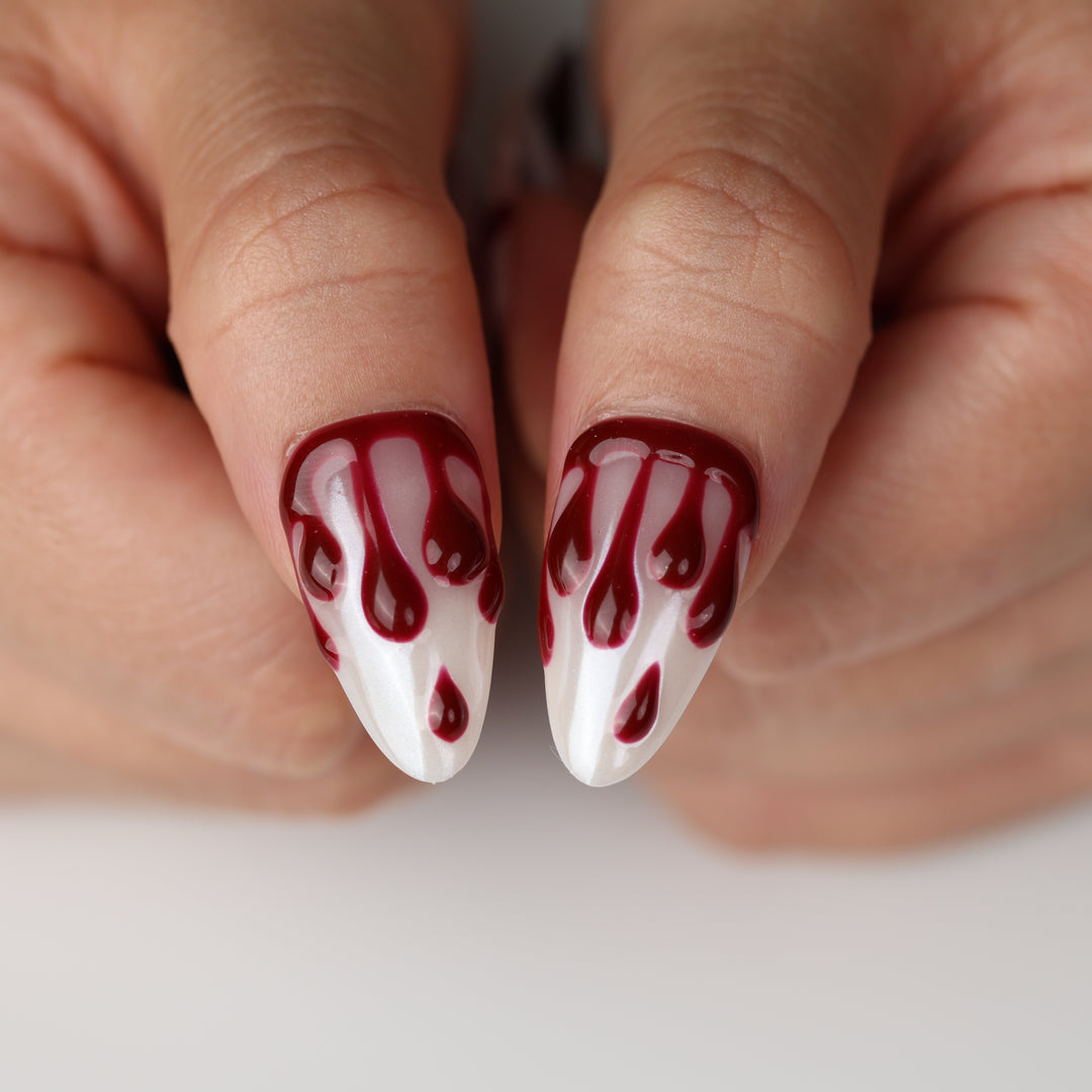 Boo &amp; Blood press on nails with white ghostly tips and rich wine-red drip Halloween design