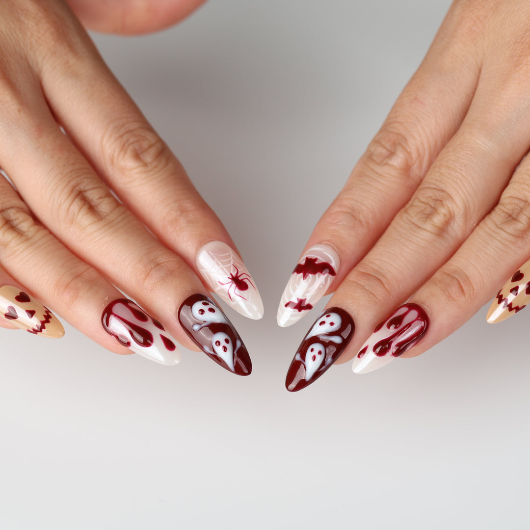 Boo &amp; Blood press on nails with ghost, bat, spiderweb and wine-red Halloween designs