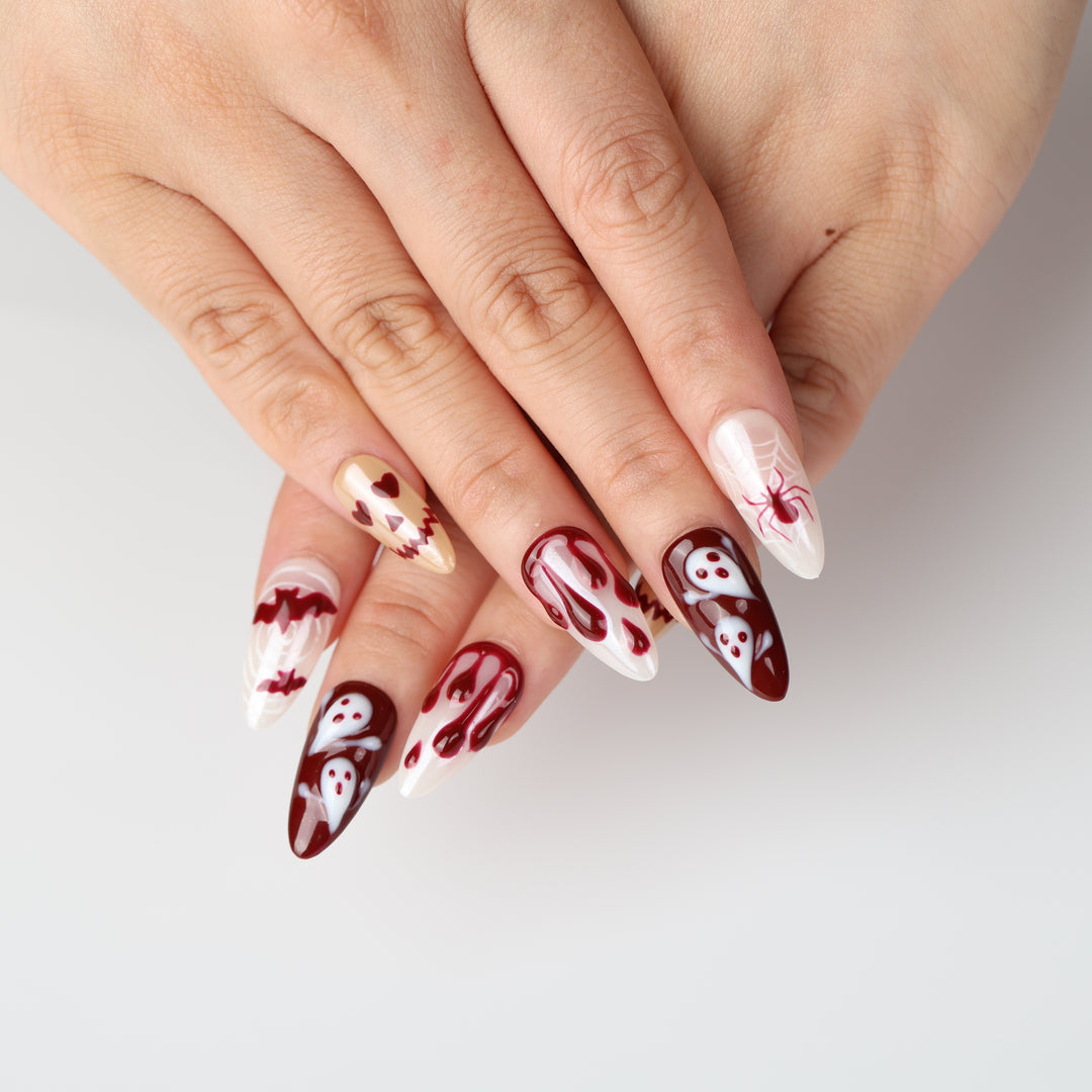 Boo &amp; Blood press on nails with white ghosts, wine-red drips, bats, spiderwebs, and spooky Halloween charm