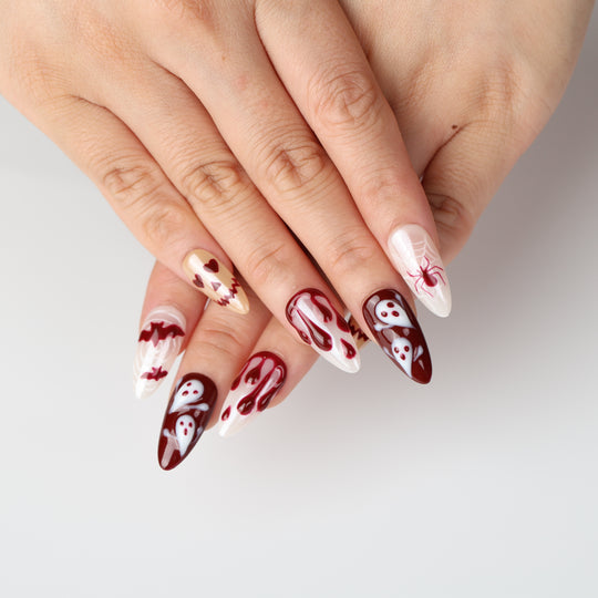 Boo &amp; Blood press on nails with white ghosts, wine-red drips, bats, spiderwebs, and spooky Halloween charm