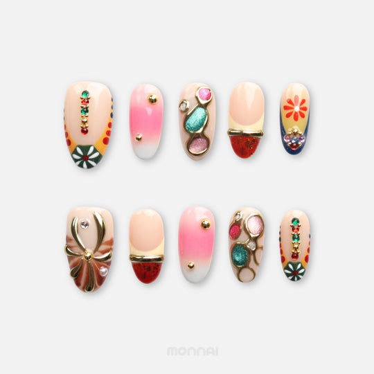 Jewel Carnival boho press on nails with jewel accents, retro florals and gold-tone details