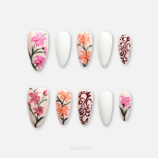 Porcelain Garden press on nails with pink, orange and burgundy floral vintage china design