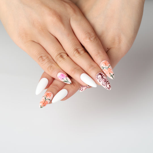 Porcelain Garden press on nails with floral vintage china design, pink and orange lilies, burgundy scrollwork